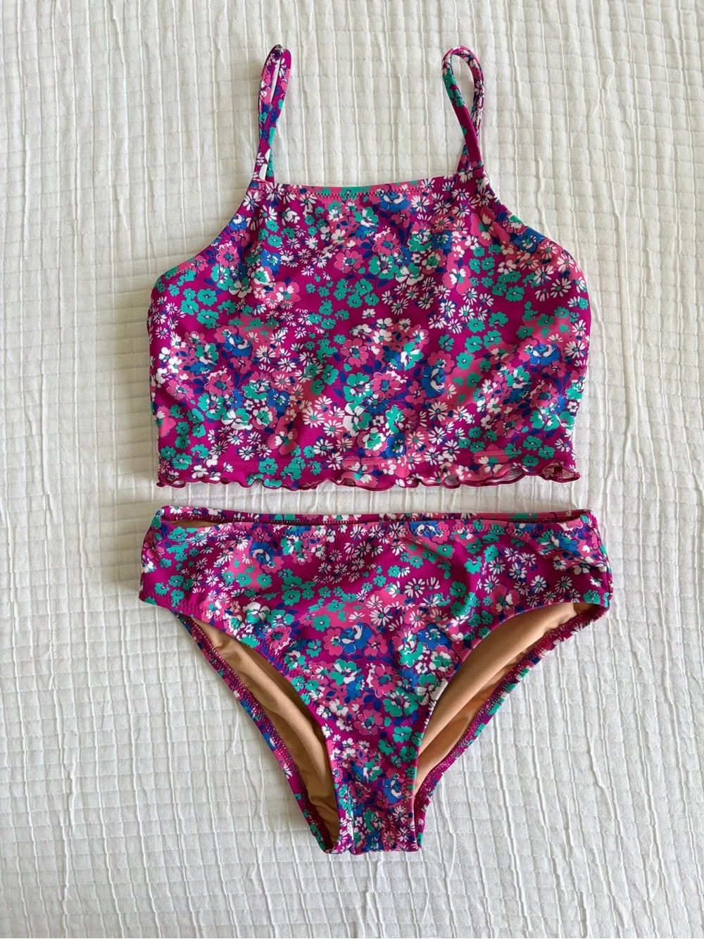 Crewcuts Girls Size 10 Floral Two Piece Swimsuit Pink Ruffle Tankini Swim Set